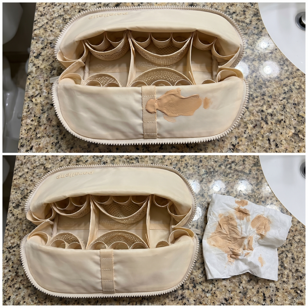 4. Foundation Spills Wipe Off. Bag Doesn't Get Ruined.